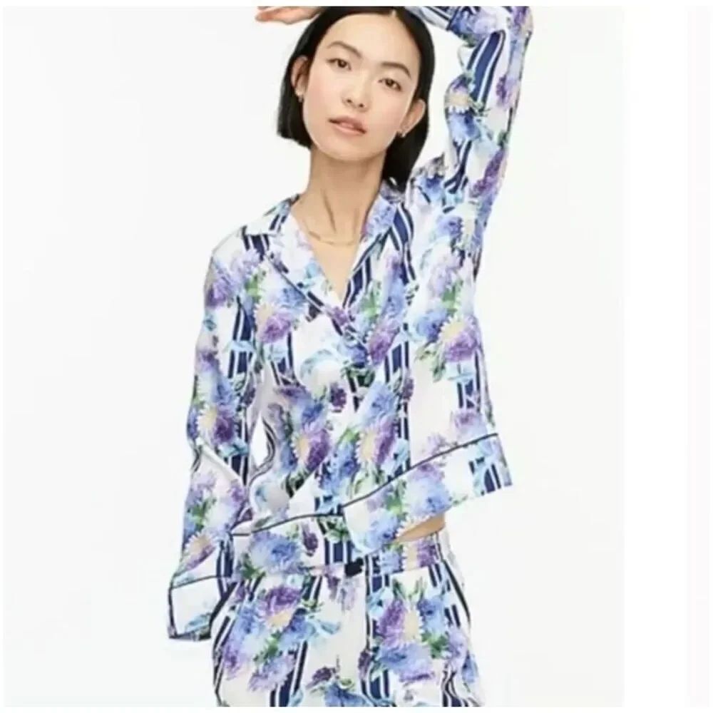 J Crew vintage blue floral stripe pajama style silky top